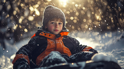 A little boy is sledding in the winter forest. He is wearing a black and orange coat and a hat. Snow is falling. A fun time in winter. An active lifestyle