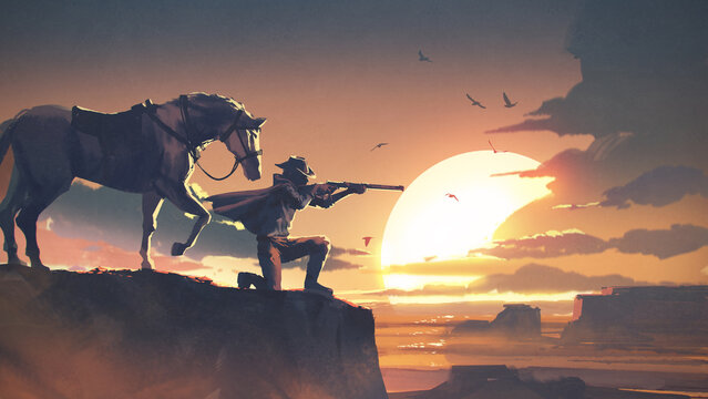 Fototapeta A dramatic scene of a cowboy sitting beside his horse, aiming his gun from the edge of a cliff, silhouetted against a vivid sunset , digital art style, illustration painting