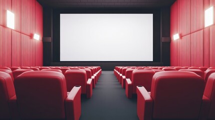 Empty cinema hall with rows of luxurious red recliners and a blank white screen. AI-generated, no people, no logos.