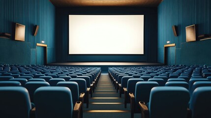 Fototapeta premium Empty cinema interior with rows of blue seats and a blank white screen mockup in a minimalist design. No people, no logos.