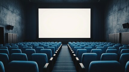 Empty cinema interior with rows of blue seats and a blank white screen mockup in a minimalist design. No people, no logos.