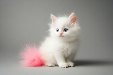A fluffy white kitten with a soft, round pink tail sitting calmly on a smooth gray studio background.