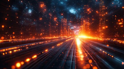 Obraz premium A 3D rendering of a city at night, with light trails and wireframe elements illustrating a digital technology background.