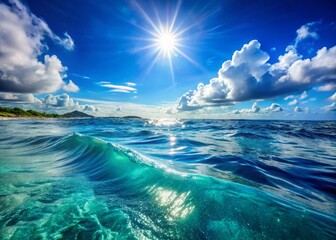 Dynamic Ocean Currents Flowing in Vibrant Blue Waters Under Bright Sunlight and Clear Skies