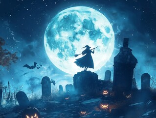 A ruined cemetery, a witch flying on a broomstick against the background of the moon, in the foreground pumpkins illuminated from the inside