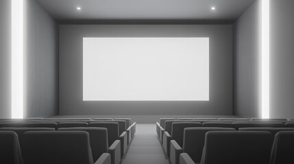 Minimalist cinema with white walls, gray seats, and a large blank screen. AI-generated, no people, no logos.