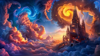 Obraz premium Surreal Cathedral with Twisting Spires in the Clouds