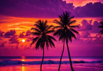breathtaking tropical beach sunset vibrant hues purple reflecting calm waters silhouetted palms, orange, pink, sky, reflection, clouds, scenery, landscape