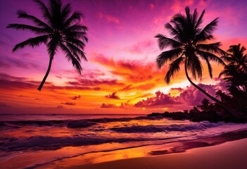 vibrant silhouettes palm trees set stunning sunset backdrop rich colors warm hues, orange, yellow, red, sky, nature, landscape, dusk, clouds, light