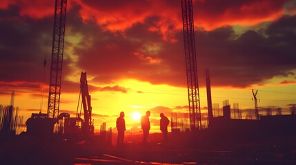 Obraz premium 9. A dramatic sunset casting shadows on a construction site, with silhouettes of workers and machinery against a vibrant sky