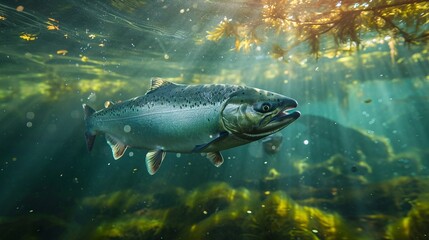 "Salmon in Their Element: A Glimpse into Underwater Fishing Adventures"