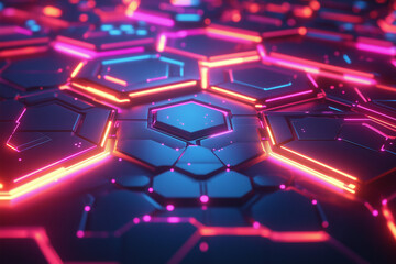 Hexagonal Grids with Neon Light Effects in a Techno-Inspired Abstract