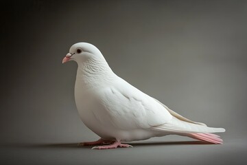 A graceful white dove perched quietly on a smooth gray studio background, featuring a delicate pink tail.