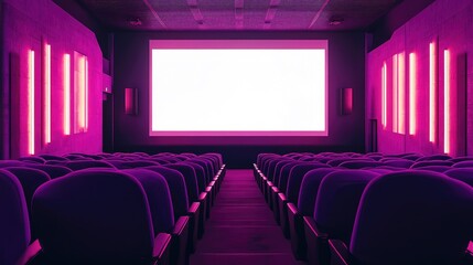 Movie theater with vibrant purple seats and a wide blank white screen mockup. AI-generated, no people, no logos.