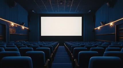 Fototapeta premium Movie theater interior with dark blue seats and a perfectly blank white screen. AI-generated, no people, no logos.