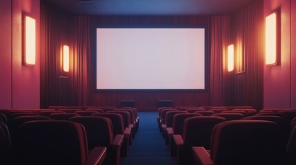 Fototapeta premium Small cozy theater with soft lighting, rows of brown seats, and a blank white screen. No people, no logos.