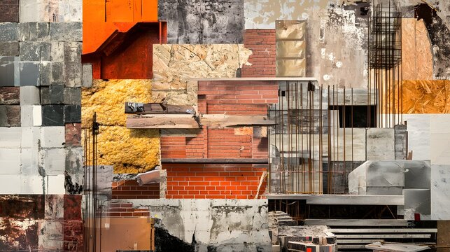 10. A collage of construction materials like bricks, steel beams, and insulation, artistically arranged to showcase the building process