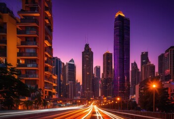 Obraz premium stunning vibrant city skyline illuminated buildings busy streets bathed twilight glow, architecture, cityscape, contemporary, culture, district, evening