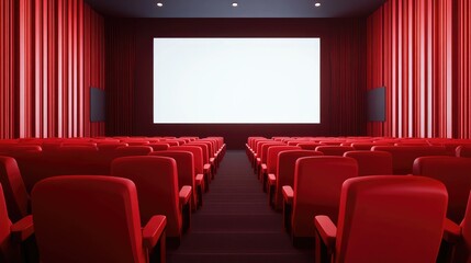 Fototapeta premium Wide movie theater layout with red seats and a minimal white screen mockup. No people, no logos.