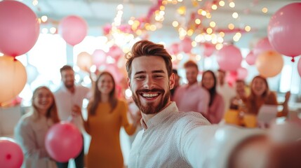 Colleagues celebrating a work anniversary with a selfie, balloons and decorations in the office, team celebration, positive work environment