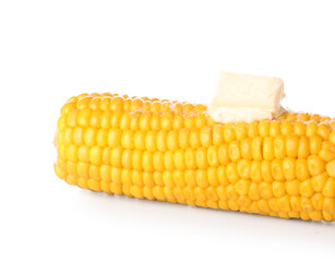 Boiled corn cob with butter on white background