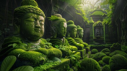 Fototapeta premium Serene Statues in a Moss-Covered Courtyard