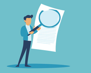 Businessman Inspecting Document with Magnifying Glass for Contract Validation or Financial Analysis in Flat Minimalist SVG Vector Illustration