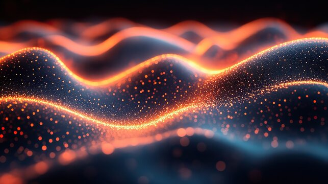 A 3D rendering of particles and dots forms a wave on a dark background, illustrating technology's role in data visualization.