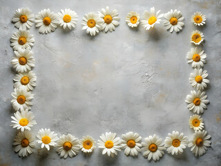 Fototapeta premium A beautiful rectangular frame made of daisy flowers, set against a light gray textured background, creating a delicate and natural composition.
