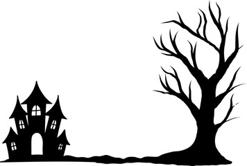 Halloween haunted house silhouette with bare tree on transparent background