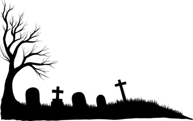 Spooky graveyard silhouette with barren tree and tombstones