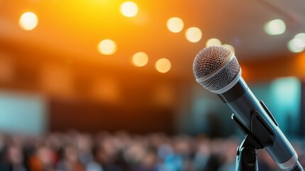 Close-Up Perspective of a Microphone with Blurred Audience Background, Capturing the Essence of Public Speaking and Presentation Atmosphere