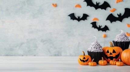 Halloween Flat-Lay with Cupcakes, Pumpkins, and Flying Bat Decorations on a Light Background for Festive Decor
