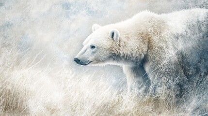 Wintery polar bear scene with subtle canvas texture, icy tones, and intricate frost details.