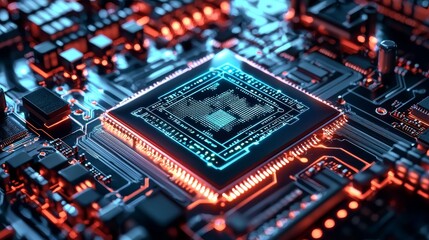 Fototapeta premium Futuristic Microchip Close-Up Vibrant Neon Composition of Circuit Board Detailing with Technological Conceptualization