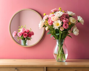 Naklejka premium A vase filled with a mix of pink and white flowers sits on a wooden surface in front of a round mirror, reflecting the same floral arrangement, set against a pink wall.