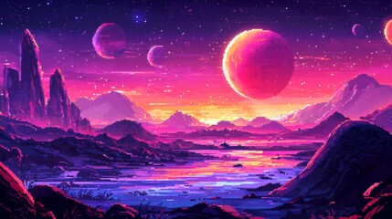 Pixel Art Universe Vibrant Retro Futuristic Landscape with Celestial Bodies, Majestic Mountains, and Reflective Waterscape Under a Starry Sky