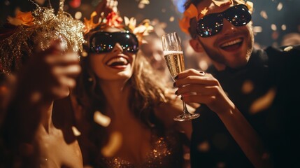 People dance at Halloween party with champagne glasses. Friends in the costumes in nightclub,