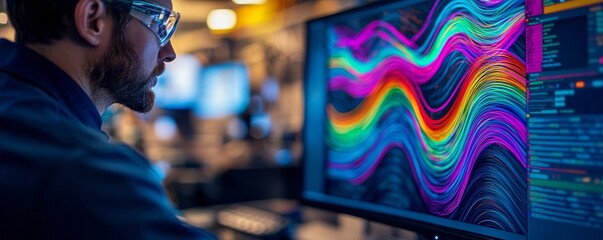 Obraz premium Profile Perspective of a Creative Analyst Engaged with Colorful Data Visualization on a Computer Screen in an Office Environment