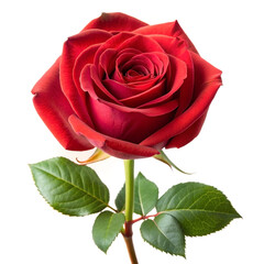 Naklejka premium A vibrant red rose with velvety petals in full bloom, accompanied by lush green leaves, isolated against a white background, symbolizing love and passion.