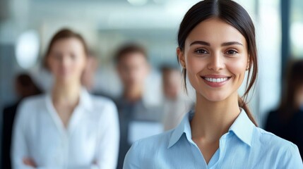 Professional Portrait of a Smiling Woman with Blurred Colleagues in Background, Symbolizing Teamwork and Positivity in a Modern Business Environment