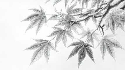 A meticulously detailed pencil drawing of a Japanese maple tree, emphasizing its delicate leaves and intricate branches.