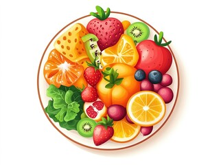 Cartoon vector of nutrient-packed plate with colorful fruits and veggies, white background.