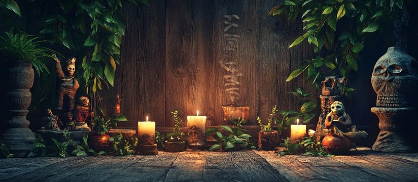 A mystical voodoo shrine featuring an array of voodoo dolls, herbs, and candles, with a dark wood backdrop