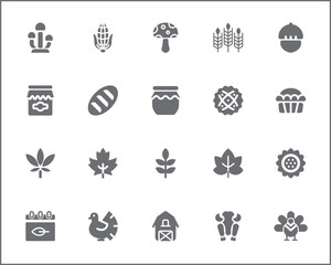 Set of Thanksgiving Icons line style. Contains such Icons as autumn, food, drink, celebration, Pilgrims, decorations, farming, gifts, nature, produce And Other Elements.