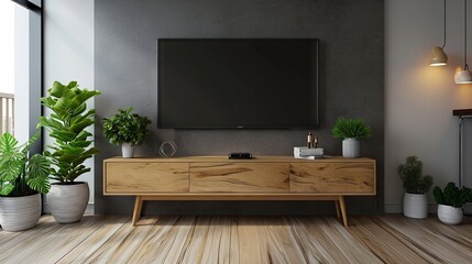 "Modern Display: Sleek TV Mock-Up on a Stylish Cabinet"