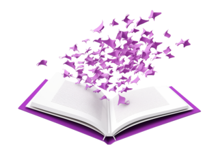 Open Book With Purple Butterflies Flying Out Of Pages On White Background