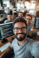 Flat design illustration , Tech team taking a group selfie in front of computer screens, coding in the background, startup office, innovation and teamwork