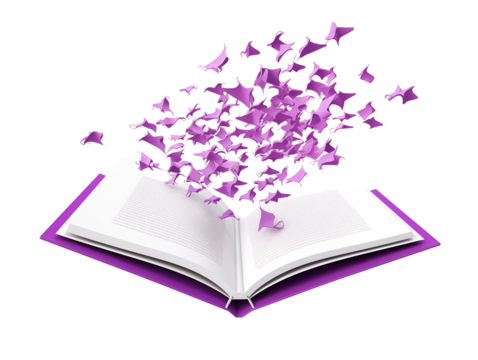 Open Book With Purple Butterflies Flying Out Of Pages On White Background