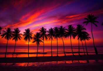 vibrant tropical sunset silhouette featuring lush palm trees colorful sky, beach, coast, ocean, clouds, nature, landscape, evening, light, shade, exotic